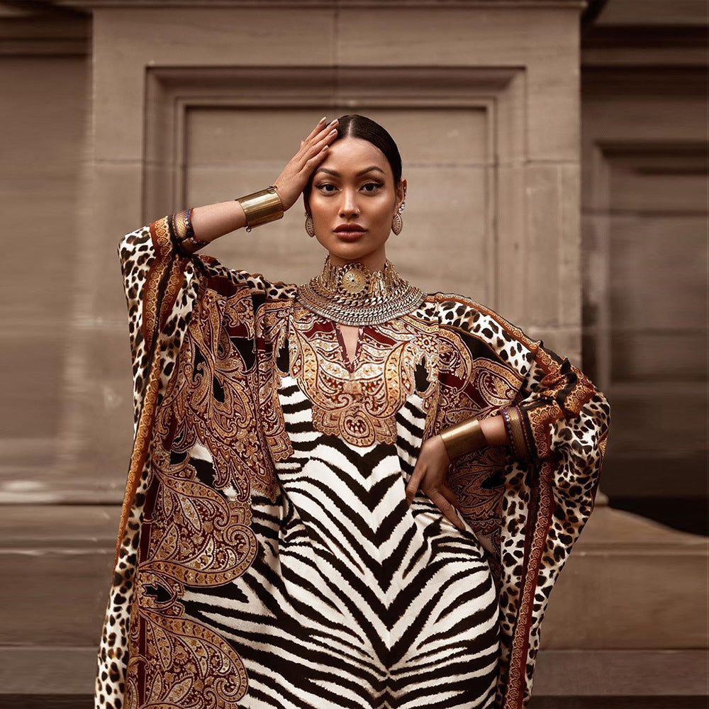 2022 African Print Boubou Free Size Women Chiffon Long Dress Batwing Sleeve Fashion Abaya for Women