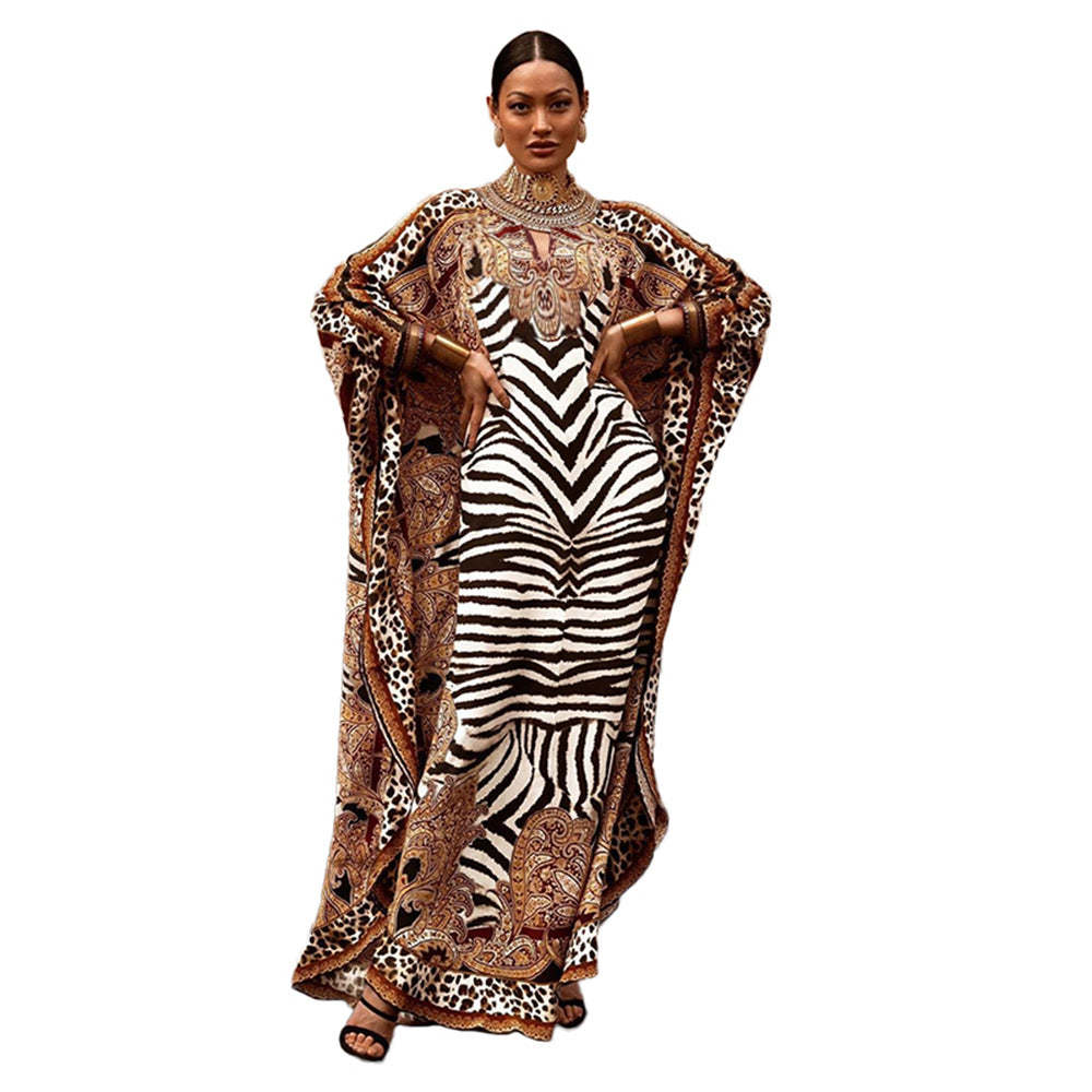 2022 African Print Boubou Free Size Women Chiffon Long Dress Batwing Sleeve Fashion Abaya for Women