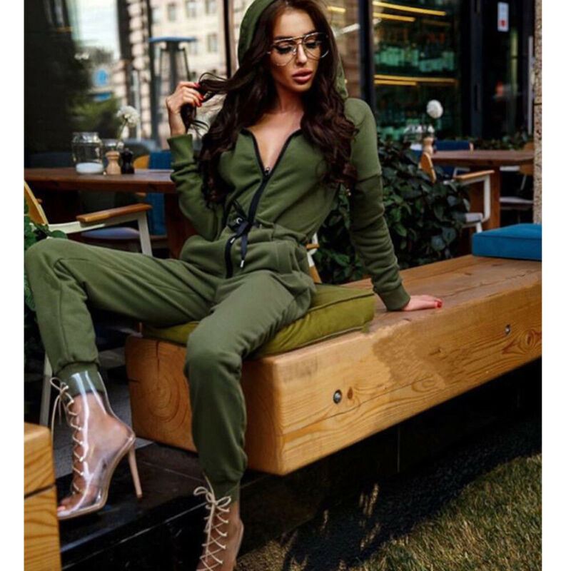 Autumn New Fashion Women Casual Hooded Zipper Jumpsuit Female Solid Color Long Sleeve Streetwear Drawstring Jogging Tracksuit