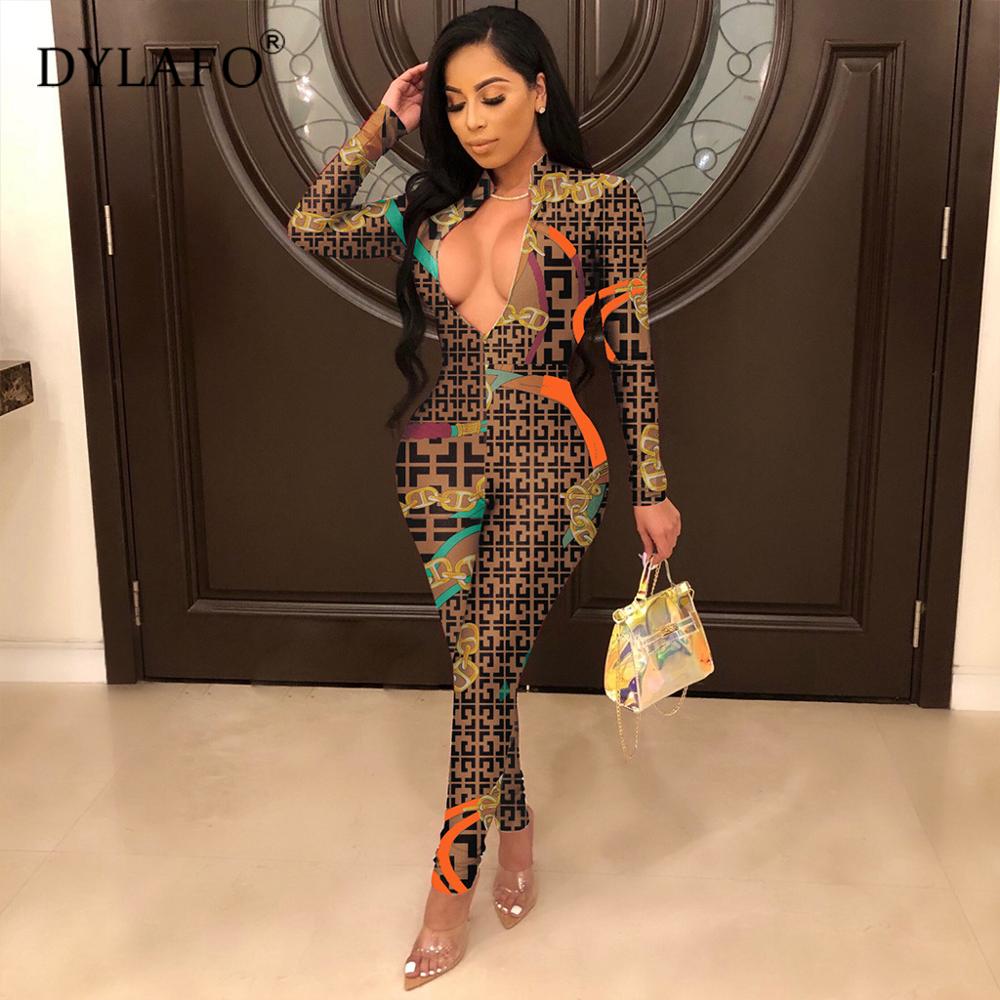 New Sexy Stand Neck Skinny Rompers Zippers Long Sleeve Print Womens Jumpsuit Streetwear Plus Size Ladies JOverals