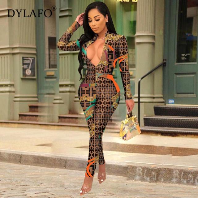 New Sexy Stand Neck Skinny Rompers Zippers Long Sleeve Print Womens Jumpsuit Streetwear Plus Size Ladies JOverals