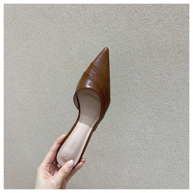 Slippers Women Pointed Toe Slides Women Low Heel Mules Thin Heel Slippers Outdoor Flip Flops Pleated Shoes Female Sandals