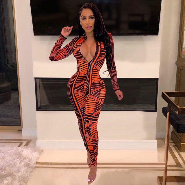 New Sexy Stand Neck Skinny Rompers Zippers Long Sleeve Print Womens Jumpsuit Streetwear Plus Size Ladies JOverals