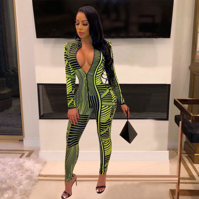 New Sexy Stand Neck Skinny Rompers Zippers Long Sleeve Print Womens Jumpsuit Streetwear Plus Size Ladies JOverals