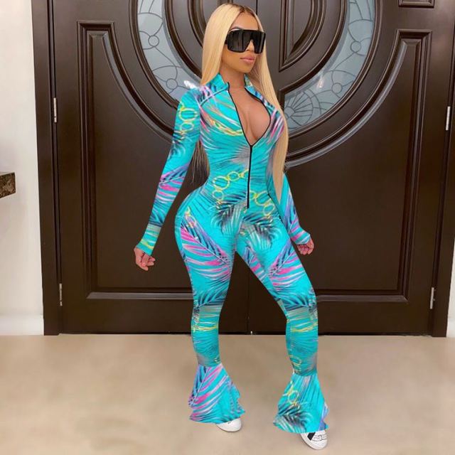 New Sexy Stand Neck Skinny Rompers Zippers Long Sleeve Print Womens Jumpsuit Streetwear Plus Size Ladies JOverals