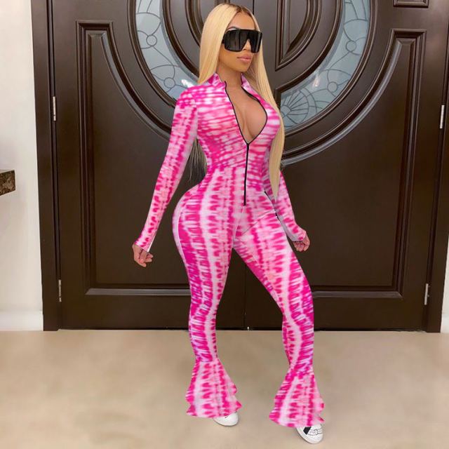 New Sexy Stand Neck Skinny Rompers Zippers Long Sleeve Print Womens Jumpsuit Streetwear Plus Size Ladies JOverals
