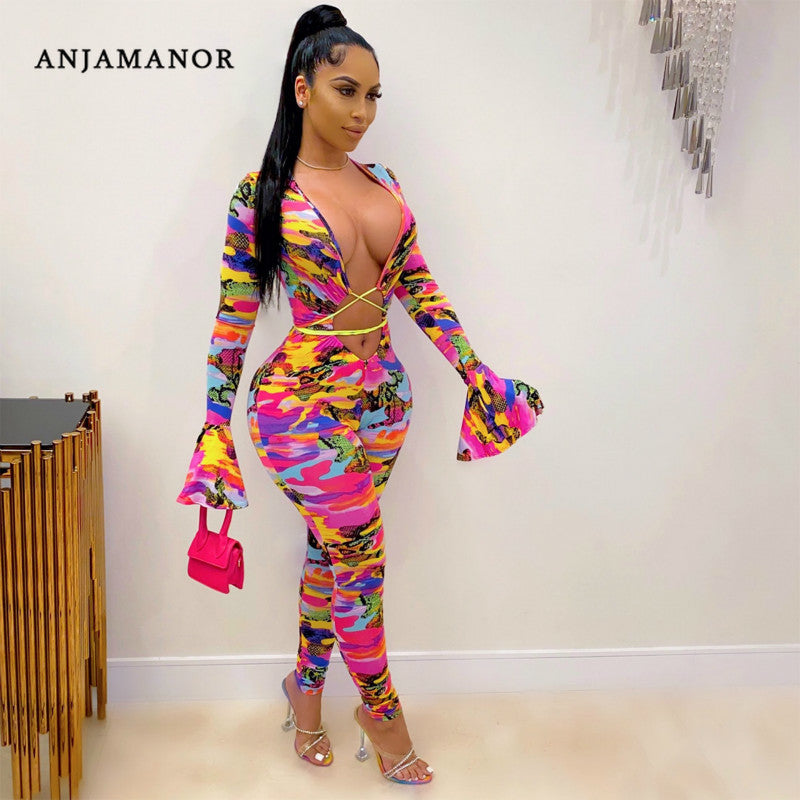 Pink Multi Camo Print Jumpsuit Sexy Clothes for Women Club Outfits Laced Up Hollow Out Bodycon Rompers D10-CI28