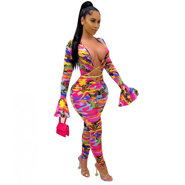 Pink Multi Camo Print Jumpsuit Sexy Clothes for Women Club Outfits Laced Up Hollow Out Bodycon Rompers D10-CI28