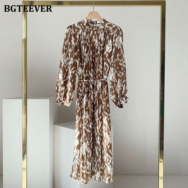 New Stand Collar Women Full Sleeve Dress Elegant Hit Color Female Lace-up Printed Midi Dress Vestidos