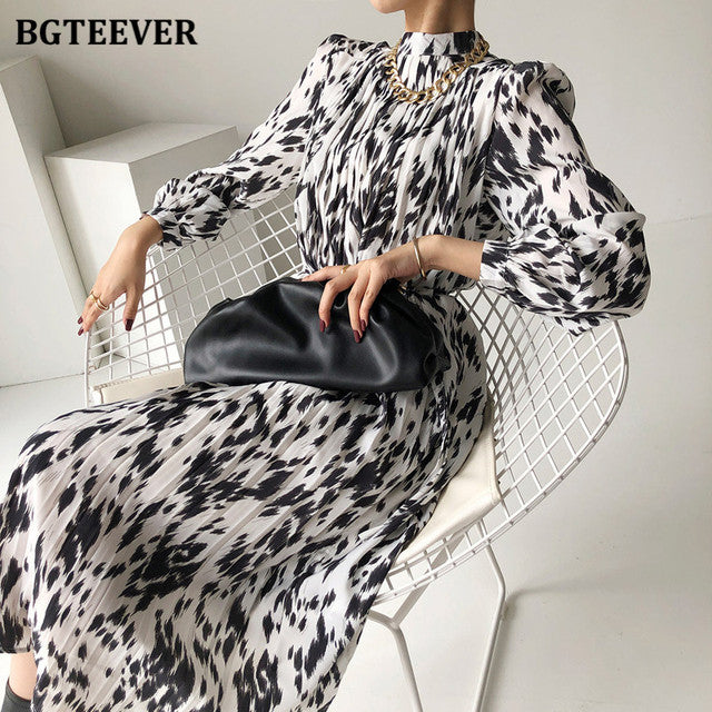 New Stand Collar Women Full Sleeve Dress Elegant Hit Color Female Lace-up Printed Midi Dress Vestidos