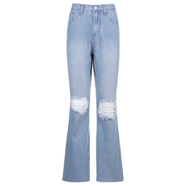 Holes Ripped Flare Jeans Woman Blue Skinny High Waist Denim Pants Capris Summer Pocket Fashion Trousers Streetwear