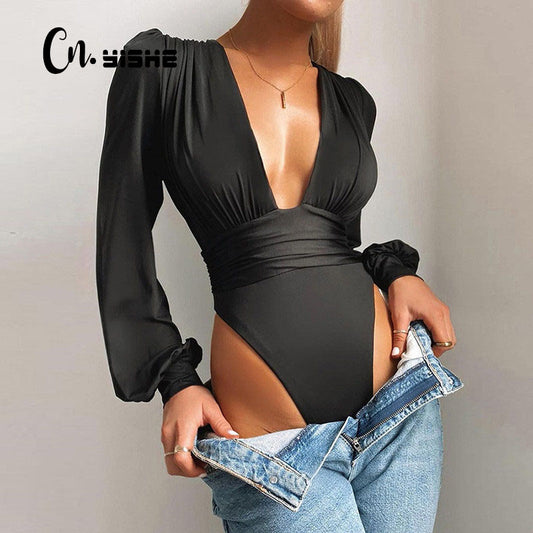 Black Deep V Neck Bodysuit Women Rompers Sexy Bodycon Jumpsuit Solid Elastic Casual Party Bodysuits Body Tops Overalls