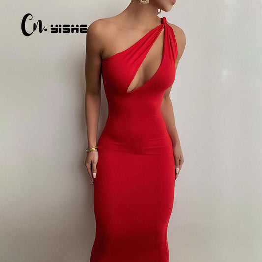 One Shoulder Bodycon Sheath Midi Party Dresses for Women Summer Sleeveless Outfits Sexy Hollow Out Dress Female Vestidos