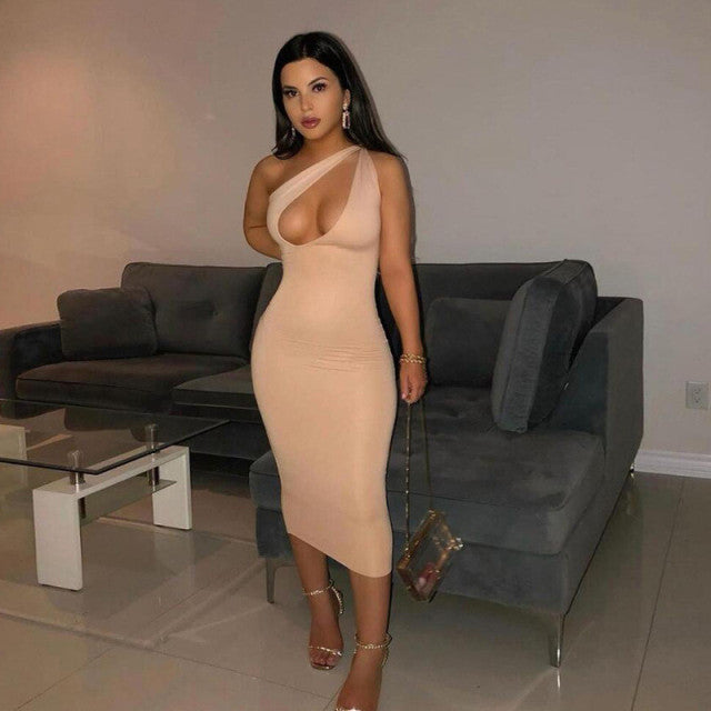 One Shoulder Bodycon Sheath Midi Party Dresses for Women Summer Sleeveless Outfits Sexy Hollow Out Dress Female Vestidos