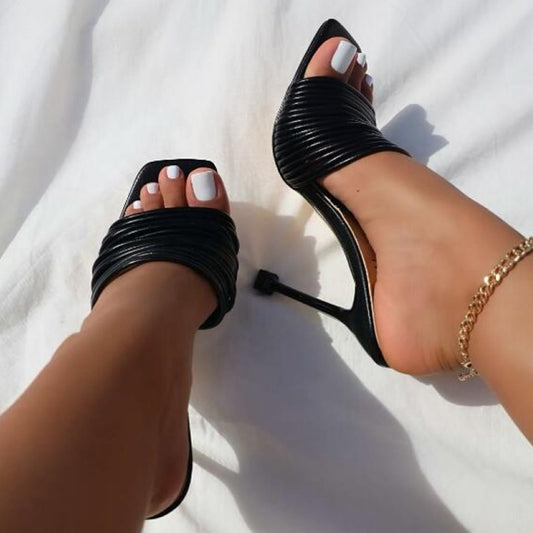 10.5cm Peep toe Women Leather Sandal Shoes Mules High Heels Woman Slippers Sandals Sexy Summer Party High Heel Shoe Slides