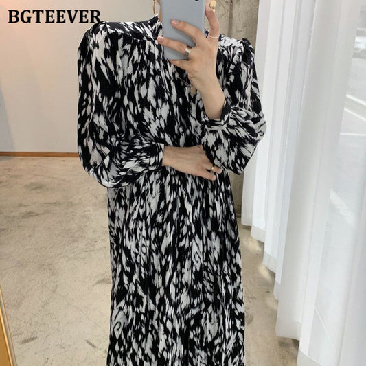 New Stand Collar Women Full Sleeve Dress Elegant Hit Color Female Lace-up Printed Midi Dress Vestidos