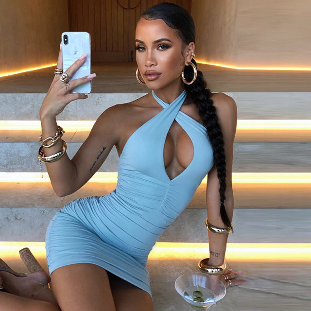 White Cross Halter Ruched Women's Dress 2021 Summer Hollow Out Backless Sexy Dress Club Party Nightwear