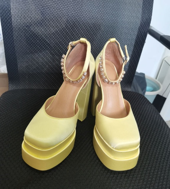 New Brand Women Sandals Summer Shoes Sexy Thick High Heels Platform Black Red Yellow Dress Party Wedding Shoes Woman Pumps