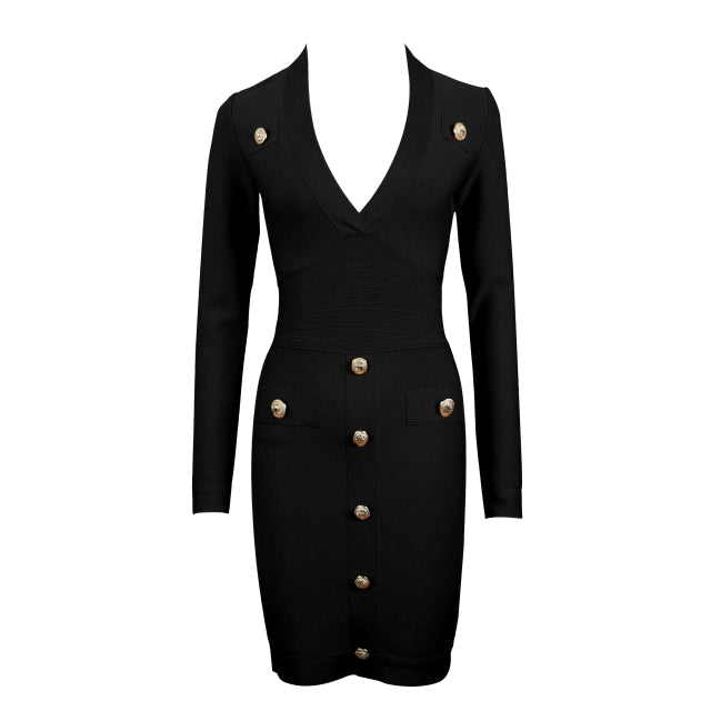 DEIVE TEGER Women's Long Sleeve Sexy Deep V-neck Gold Buttons Bandage Elegant Vestidos Evening Party Fall Winter Dress 8392