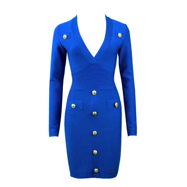 DEIVE TEGER Women's Long Sleeve Sexy Deep V-neck Gold Buttons Bandage Elegant Vestidos Evening Party Fall Winter Dress 8392