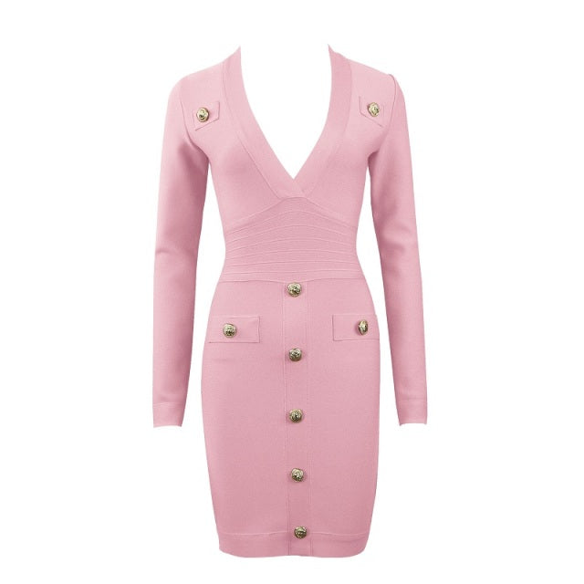 DEIVE TEGER Women's Long Sleeve Sexy Deep V-neck Gold Buttons Bandage Elegant Vestidos Evening Party Fall Winter Dress 8392