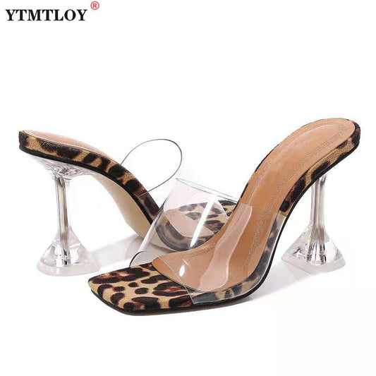 Leopard Print Sandals Open Toe High Heels Women Transparent Perspex Slippers Shoes Heel Clear Sandals Gladiator Pvc Casual