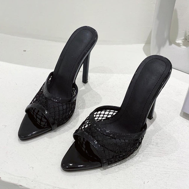 New Sexy Pointed Toe Thin High Heels Pumps Green Mesh Slippers Summer Fashion Slip On Slides Women Mules Party Shoes Sandals