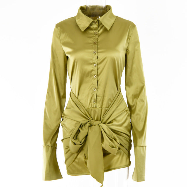 JULISSA MO Fashion Long Sleeve Bandage Satin Mini Dresses Women's Autumn Turn Down Collar Sexy Party Dress Femme Evening Clothes