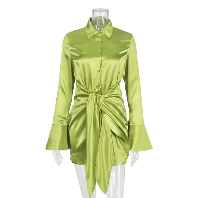 JULISSA MO Fashion Long Sleeve Bandage Satin Mini Dresses Women's Autumn Turn Down Collar Sexy Party Dress Femme Evening Clothes