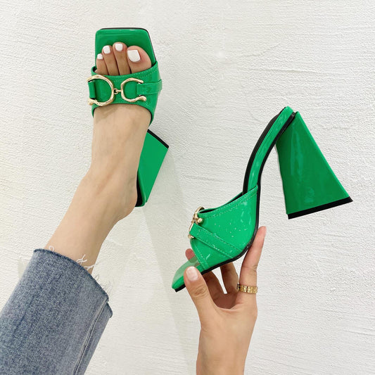 Women Design 10cm High Heels Slides Mules Summer Peep Toe Patent Leather Green Yellow Thick Block Heels Slippers Party Shoe