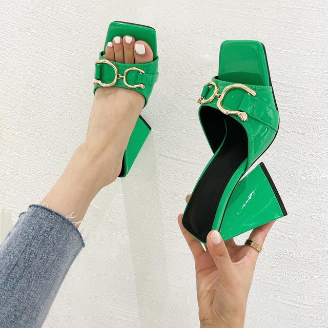 Women Design 10cm High Heels Slides Mules Summer Peep Toe Patent Leather Green Yellow Thick Block Heels Slippers Party Shoe