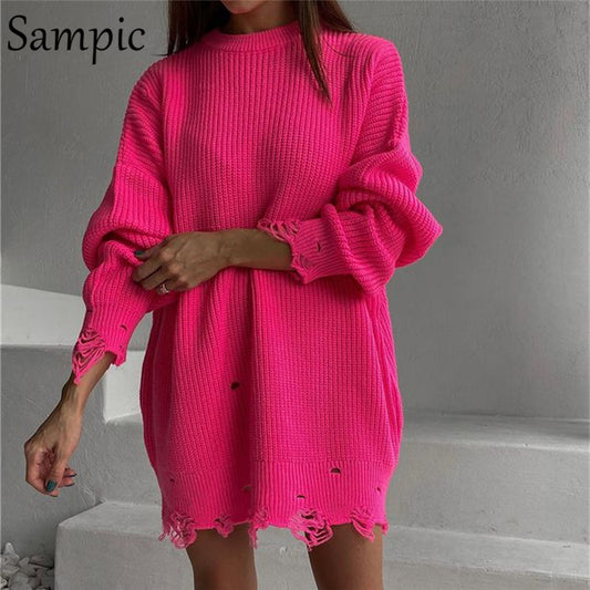Sampic 2021 Y2K Women Knitted Green O Neck Pullover Long Sleeve Oversized Sweater Tops Casual Party Sexy Club Sweater Dresses