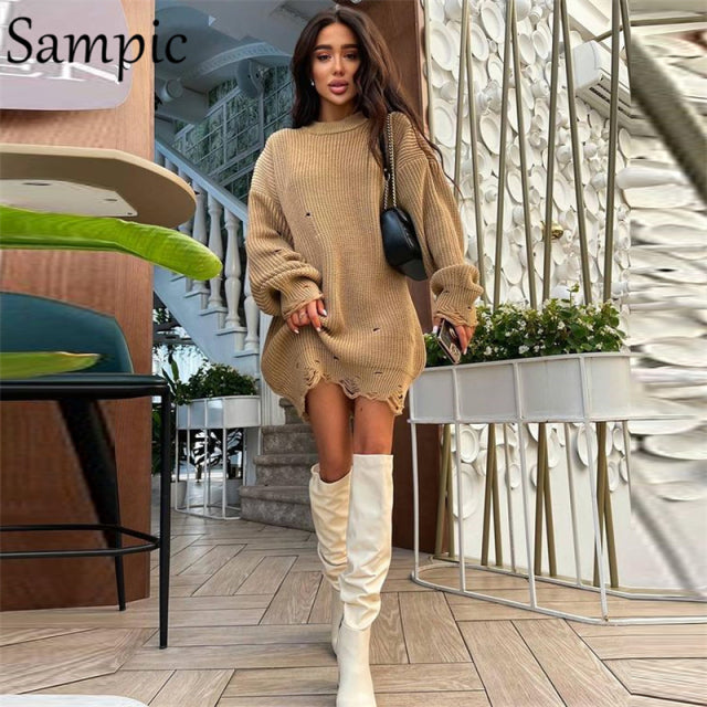 Sampic 2021 Y2K Women Knitted Green O Neck Pullover Long Sleeve Oversized Sweater Tops Casual Party Sexy Club Sweater Dresses