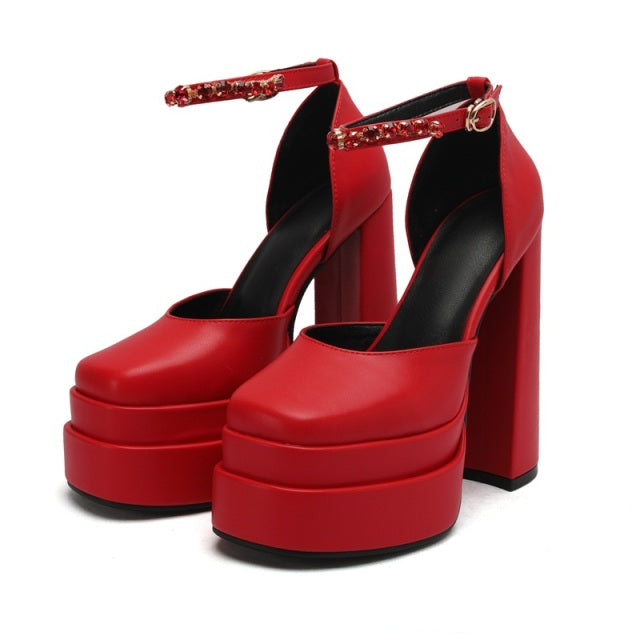 New Brand Women Sandals Summer Shoes Sexy Thick High Heels Platform Black Red Yellow Dress Party Wedding Shoes Woman Pumps