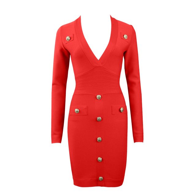 DEIVE TEGER Women's Long Sleeve Sexy Deep V-neck Gold Buttons Bandage Elegant Vestidos Evening Party Fall Winter Dress 8392