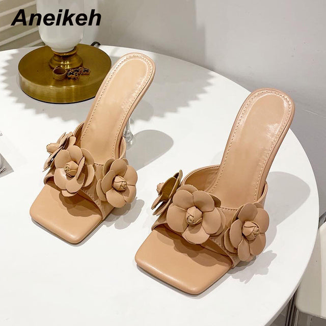 New Fashion PU Floral Decoration Women Outside Slip-on Slippers Concise Party Shoes Square Toe Sexy Thin High Heel