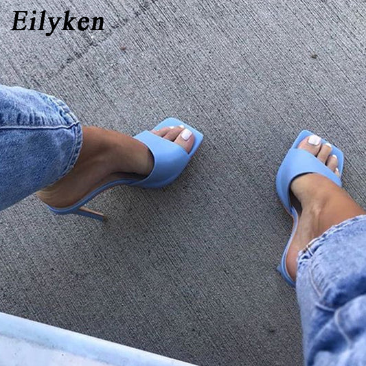 Eilyken 2022 New Summer Cozy Soft PU Leather Square Toe Women High Heel Mules Slippers Fashion Outdoor Party Dress Ladies Shoes