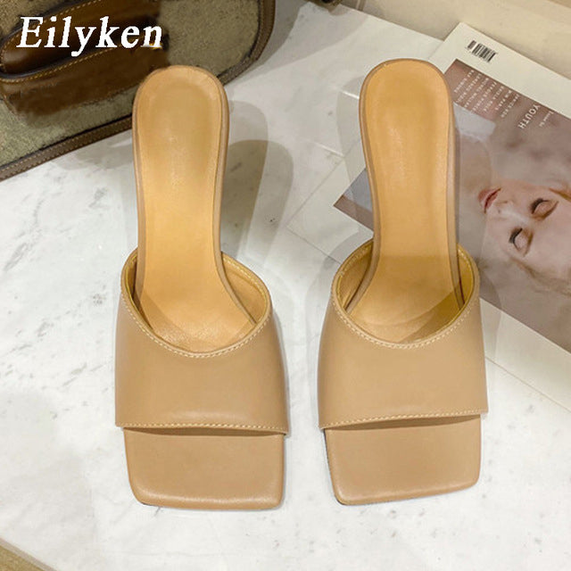 Eilyken 2022 New Summer Cozy Soft PU Leather Square Toe Women High Heel Mules Slippers Fashion Outdoor Party Dress Ladies Shoes