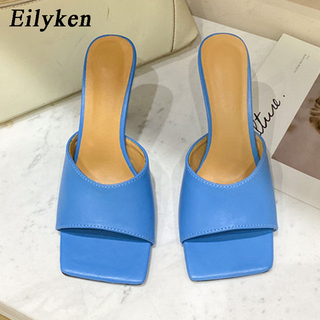 Eilyken 2022 New Summer Cozy Soft PU Leather Square Toe Women High Heel Mules Slippers Fashion Outdoor Party Dress Ladies Shoes