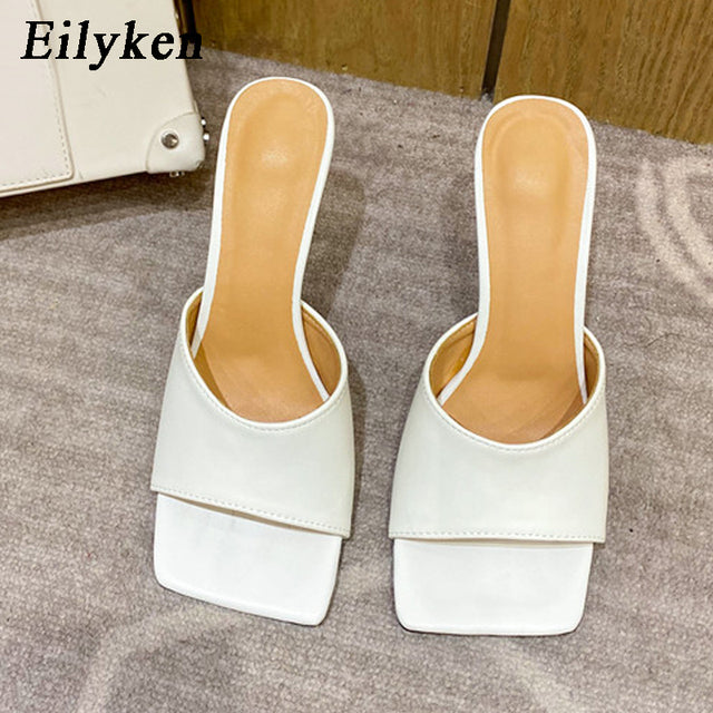 Eilyken 2022 New Summer Cozy Soft PU Leather Square Toe Women High Heel Mules Slippers Fashion Outdoor Party Dress Ladies Shoes