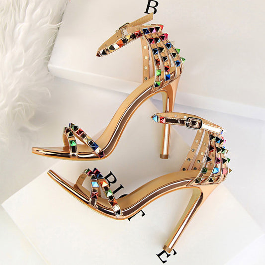 2022 Women 11cm High Heels Rivets Studded Sandals Lady Sandles Stiletto Gladiator Pumps Stripper Summer Fetish Platform Shoes