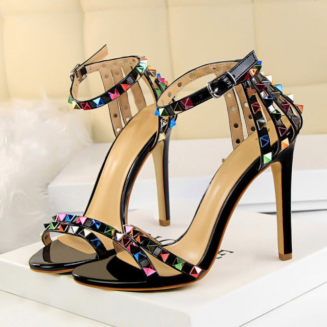 2022 Women 11cm High Heels Rivets Studded Sandals Lady Sandles Stiletto Gladiator Pumps Stripper Summer Fetish Platform Shoes