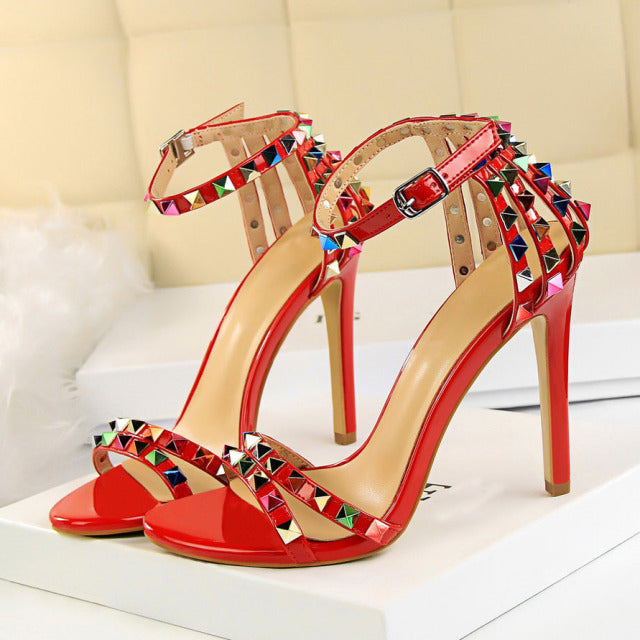 2022 Women 11cm High Heels Rivets Studded Sandals Lady Sandles Stiletto Gladiator Pumps Stripper Summer Fetish Platform Shoes
