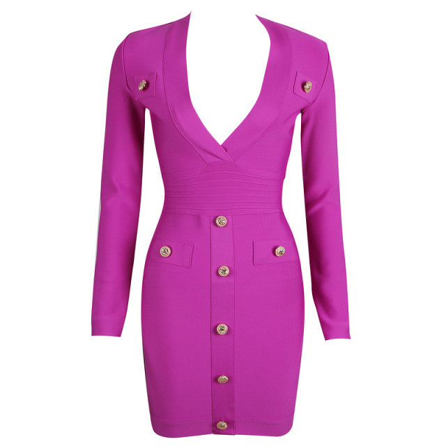 DEIVE TEGER Women's Long Sleeve Sexy Deep V-neck Gold Buttons Bandage Elegant Vestidos Evening Party Fall Winter Dress 8392