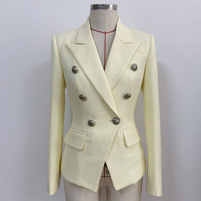 Runway Designer Blazer Women Classic Lion Buttons Double Breasted Slim Fitting Textured Blazer Jacket