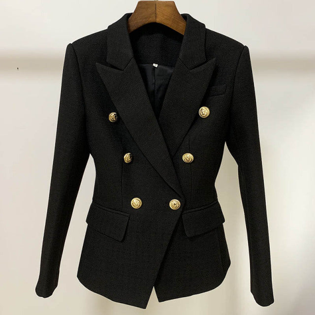 Runway Designer Blazer Women Classic Lion Buttons Double Breasted Slim Fitting Textured Blazer Jacket