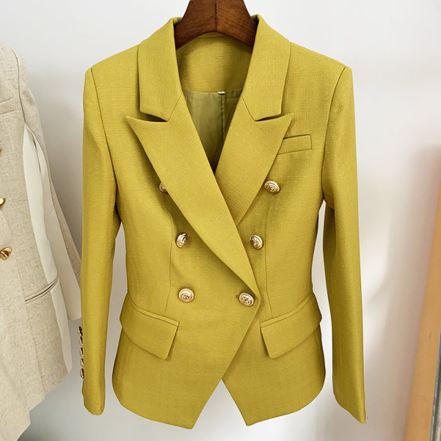Runway Designer Blazer Women Classic Lion Buttons Double Breasted Slim Fitting Textured Blazer Jacket