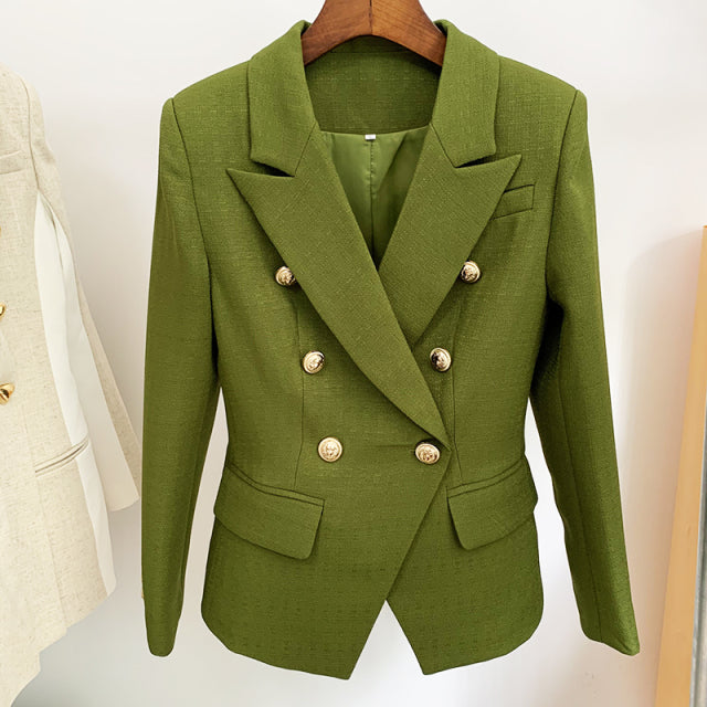 Runway Designer Blazer Women Classic Lion Buttons Double Breasted Slim Fitting Textured Blazer Jacket