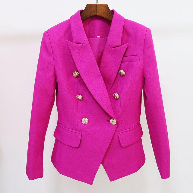 Runway Designer Blazer Women Classic Lion Buttons Double Breasted Slim Fitting Textured Blazer Jacket