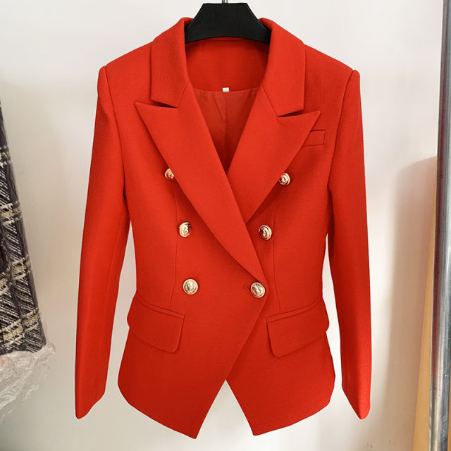Runway Designer Blazer Women Classic Lion Buttons Double Breasted Slim Fitting Textured Blazer Jacket